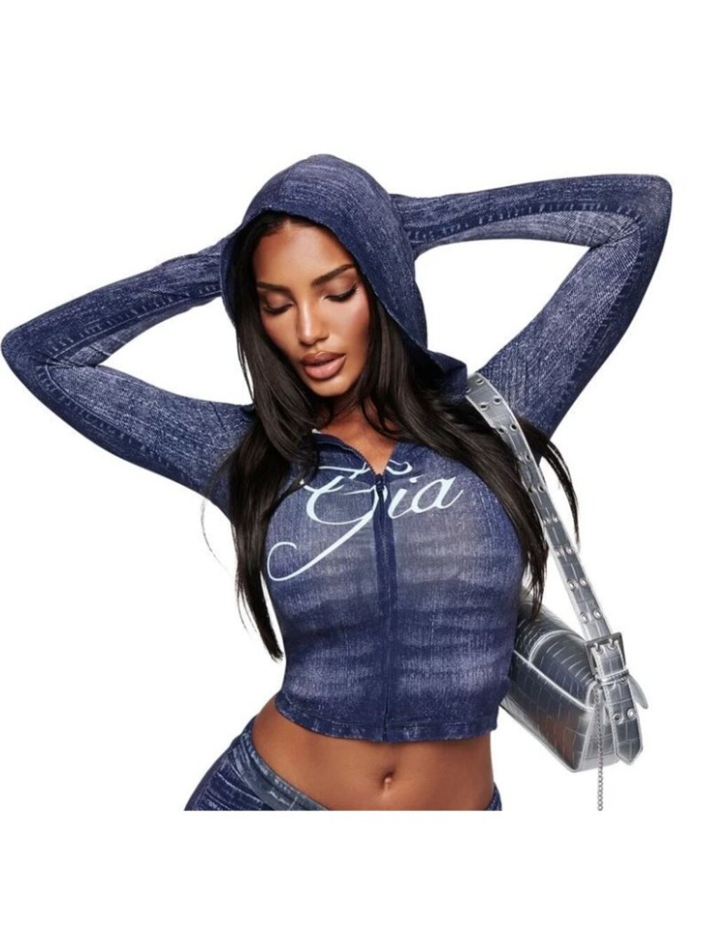 I AM GIA Dark Denim Blare Hoodie Top Women Size Medium NWT Full Zip Long Sleeve